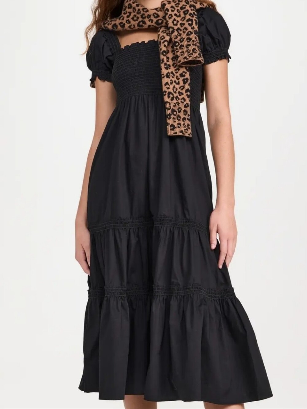 NWT Caara Black Smocked Tiered Midi Dress Puff-Sleeve 100% Cotton SZ SM🖤✨